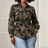 Women Camo Turndown Collar Long Sleeve Shirt Top