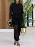 Women Lace Hollow‑Out Sexy Top and See‑Through Lace‑Up Pants Two‑Piece Set