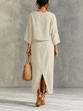 Women Casual Round Neck Top and Slit Skirt Two‑Piece Set