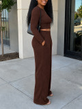 Women Casual Long Sleeve Crop Top Wide‑Leg Trousers Two‑Piece Set