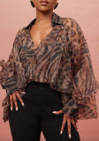 Women Summer Leopard Print V‑Neck Long Sleeve Shirt