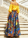 Women Off‑Shoulder Puff Long Sleeve Top Printed Slit Midi Skirt Two‑Piece Set