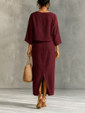 Women Casual Round Neck Top and Slit Skirt Two‑Piece Set
