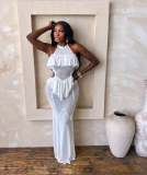 Women Sexy Halter Neck Ruffled See‑Through Mesh Mermaid Hollow‑Out Maxi Dress