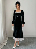 Women Fall Winter French‑Style Black Velvet Long Sleeve Formal Party Dress