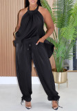 Women Elegant Casual Pleated Collar Tank Top and Pant Two‑Piece Set