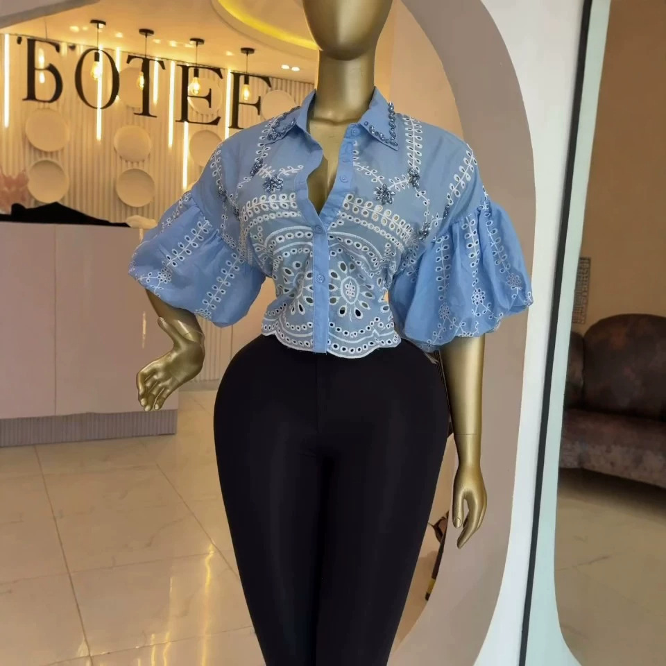 Rhinestone Hollow-Out Lantern Sleeve Shirt Top for Summer
