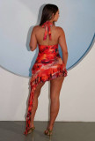 Women Sexy Halter Neck Printed Backless Ruffled Ribbon Dress
