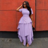 Women Fall Round Neck Short Sleeve Irregular Maxi Dress