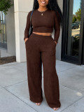 Women Casual Long Sleeve Crop Top Wide‑Leg Trousers Two‑Piece Set