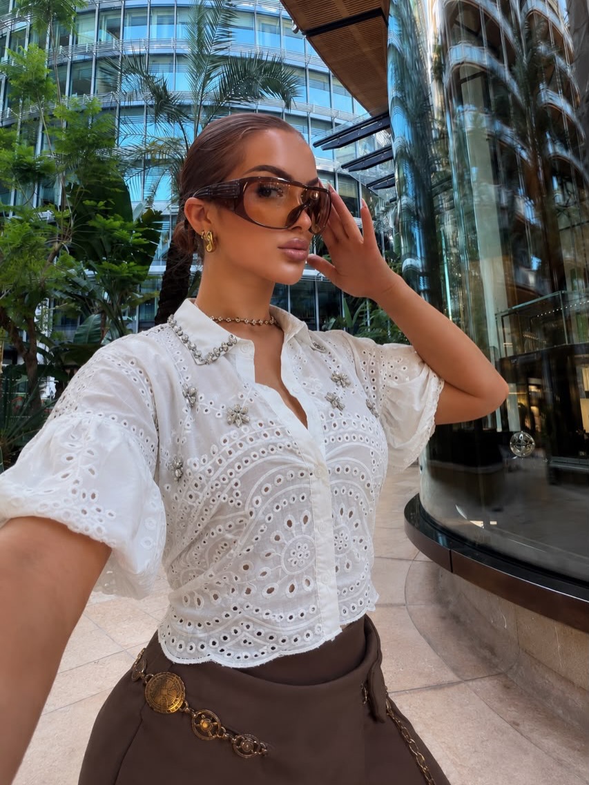 Rhinestone Hollow-Out Lantern Sleeve Shirt Top for Summer