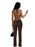 Women Polka Dot Halter Neck Sexy Backless Lace‑Up Bell‑Bottom Jumpsuit