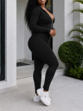 Women Casual Hooded Long Sleeve Zip‑Up Top and Stretch Pants Two‑Piece Set