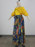 Women Off‑Shoulder Puff Long Sleeve Top Printed Slit Midi Skirt Two‑Piece Set
