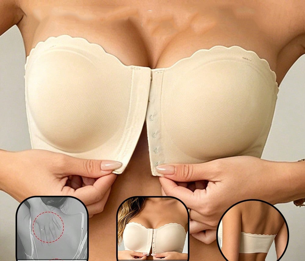 Black Front-Closure Non-Slip Strapless Wireless Bra