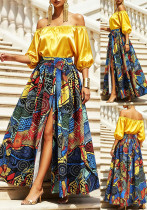 Women Off‑Shoulder Puff Long Sleeve Top Printed Slit Midi Skirt Two‑Piece Set Women Off‑Shoulder Puff Long Sleeve Top Printed Slit Midi Skirt Two‑Piece Set