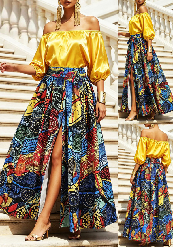 Women Off‑Shoulder Puff Long Sleeve Top Printed Slit Midi Skirt Two‑Piece Set