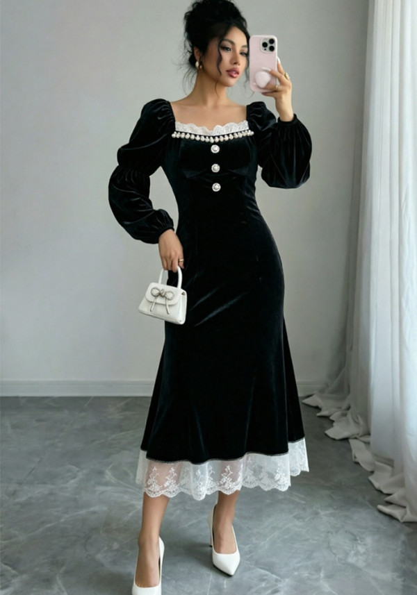 Women Fall Winter French‑Style Black Velvet Long Sleeve Formal Party Dress