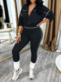 Women Spring Fall Casual Long Sleeve Zip‑Up Top and Pants Two‑Piece Set