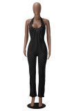Women Polka Dot Halter Neck Sexy Backless Lace‑Up Bell‑Bottom Jumpsuit