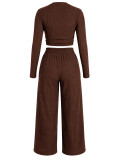 Women Casual Long Sleeve Crop Top Wide‑Leg Trousers Two‑Piece Set