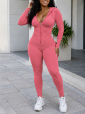 Women Casual Hooded Long Sleeve Zip‑Up Top and Stretch Pants Two‑Piece Set