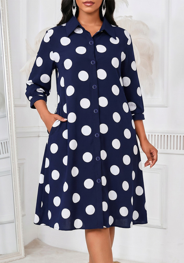 Women Shirt‑Style Printed 3/4 Sleeve Dress with Pockets