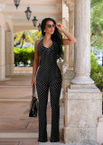 Women Polka Dot Halter Neck Sexy Backless Lace‑Up Bell‑Bottom Jumpsuit