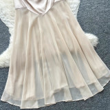 Summer Women’s Holiday Sleeveless Satin Strap High Waist Patchwork Chic Elegant Maxi Dress