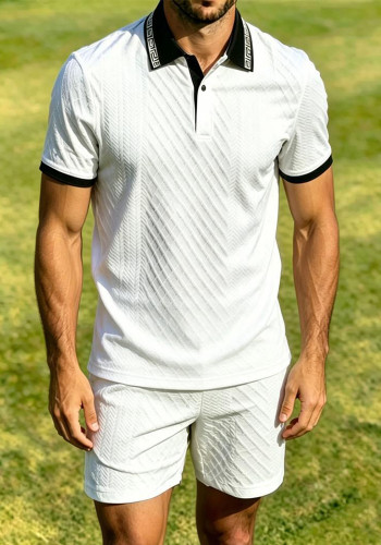 Men’s Casual Knitted Jacquard Stretch Sports Shirt and Shorts Set