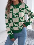 Autumn Winter Women’s Fashionable Color Block Plaid Reindeer Long Sleeve Christmas Sweater