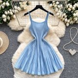Autumn Women’s Luxury Slim Waist Slim Fit Pleated Striped Knitted Strap Dress