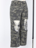 Plus Size Women’s Camouflage Ripped Loose Straight Leg Wide Leg Denim Jeans