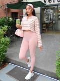 Women’s Sexy Striped V Neck Cropped Long Sleeve Top and Slim Fit Pants Set