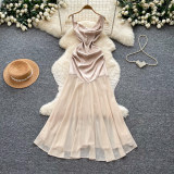 Summer Women’s Holiday Sleeveless Satin Strap High Waist Patchwork Chic Elegant Maxi Dress