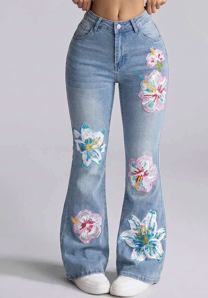 Floral Embroidered Washed Bell Bottom Denim Jeans