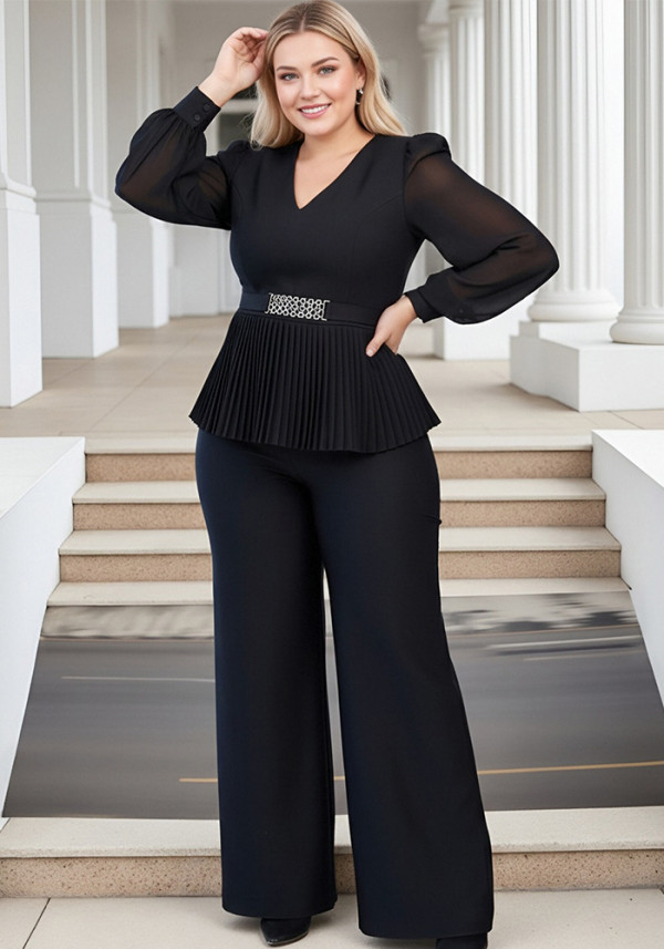Plus Size Women’s Elegant V Neck Long Sleeve Pleated Slim Waist Top and Wide Leg Pants Set