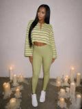 Women’s Sexy Striped V Neck Cropped Long Sleeve Top and Slim Fit Pants Set
