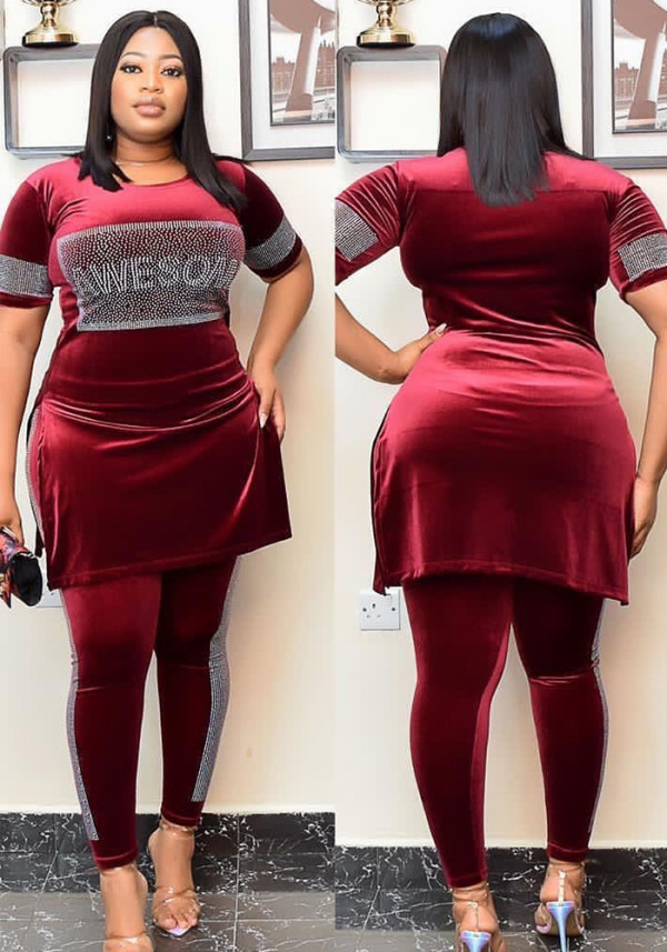 African Women’s Fashionable Casual Velvet Stretch Beaded Split Round Neck Short Sleeve Top and Pants Set