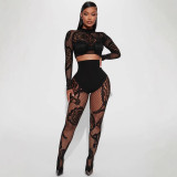 Autumn Women’s Sexy Cropped High Stretch Slim Fit Long Sleeve Mesh Top and Slim Tight Pants Set