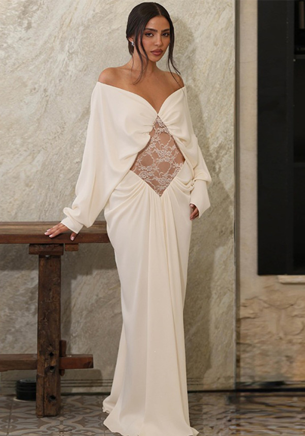Autumn Women’s Sexy Off Shoulder Lace Patchwork Elegant Long Sleeve Maxi Dress