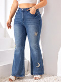 Plus Size Women’s Washed Moon Star Embroidered Stretch High Waist Denim Jeans