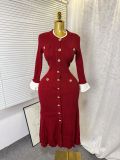 Autumn Women’s Color Block Round Neck Bell Bottom Sleeve Single Breasted Slim Waist Knitted Dress