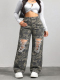 Plus Size Women’s Camouflage Ripped Loose Straight Leg Wide Leg Denim Jeans
