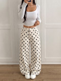 Women’s Black Polka Dot Print High Waist Loose Straight Leg Wide Leg Off White Denim Pants