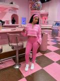Women’s Sexy Striped V Neck Cropped Long Sleeve Top and Slim Fit Pants Set