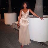 Summer Women’s Holiday Sleeveless Satin Strap High Waist Patchwork Chic Elegant Maxi Dress