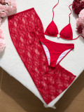 Women’s Sexy Red Lace See Through Halter Neck Bikini with Long Skirt Cover Up Three Piece Set