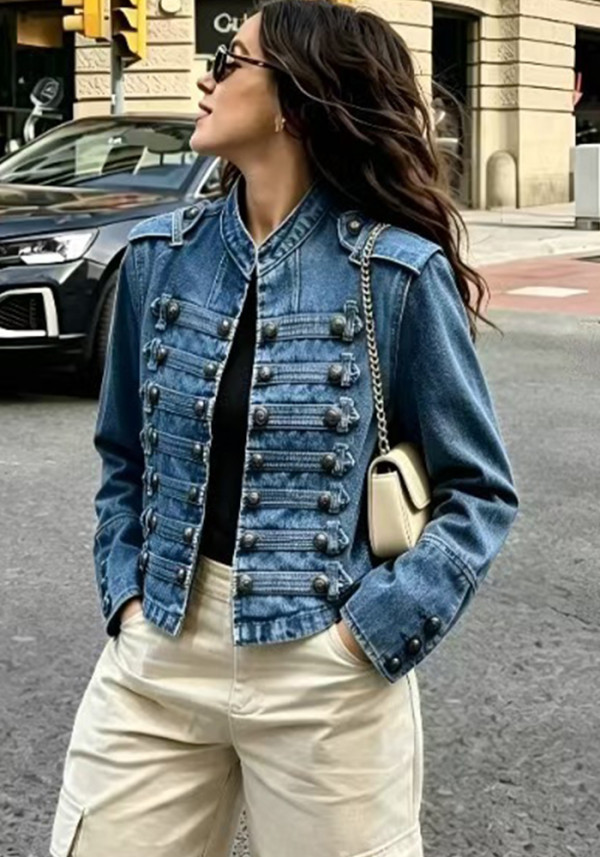 Spring Autumn Women’s Fashionable Stand Collar Button Detail Long Sleeve Denim Jacket