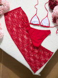 Women’s Sexy Red Lace See Through Halter Neck Bikini with Long Skirt Cover Up Three Piece Set